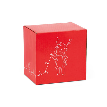 REINDEER promotional mug in red (gift box packaging) with custom logo branding