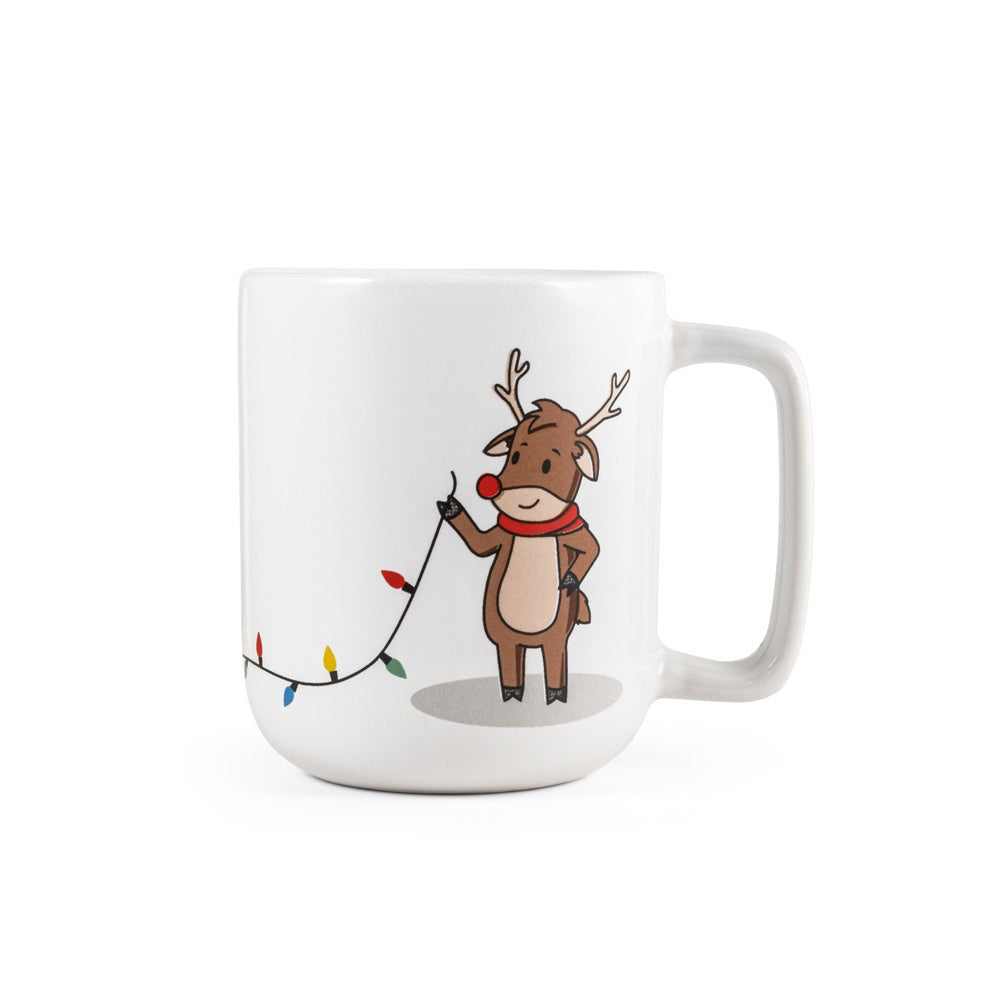 REINDEER promotional mug in white (detail view) with custom logo branding