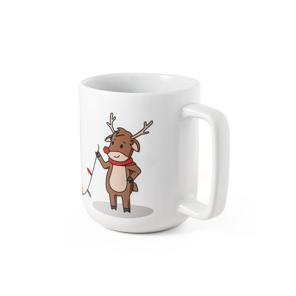 REINDEER promotional mug in white with custom logo branding