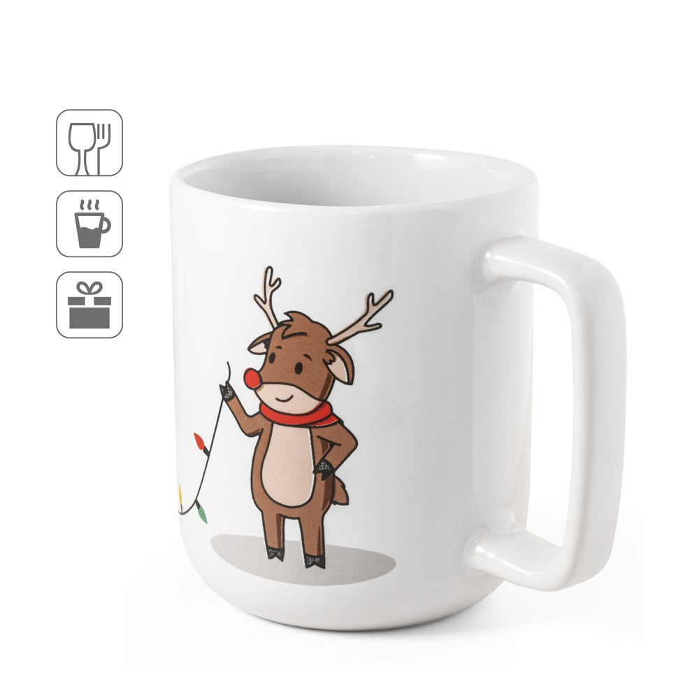 REINDEER promotional mug (complete set view) with custom logo branding