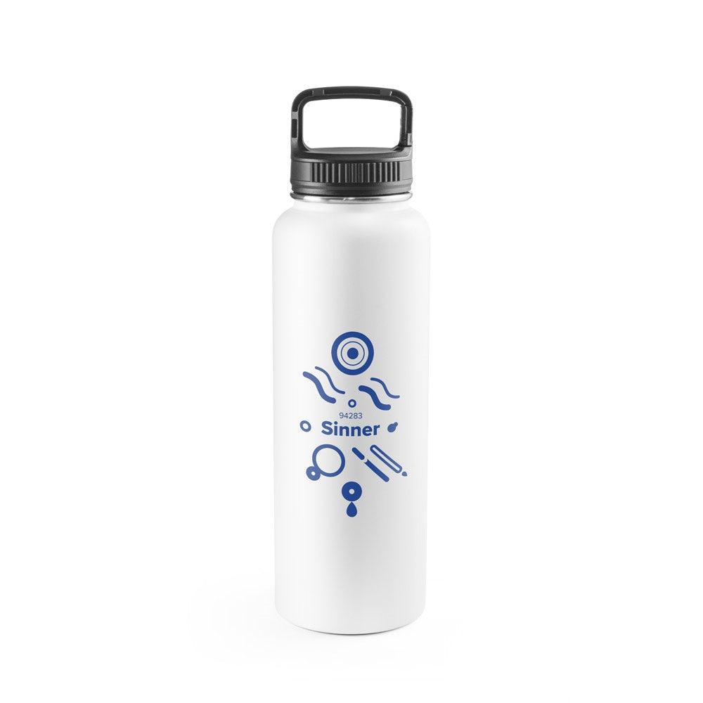 SINNER promotional bottle in white with custom logo branding