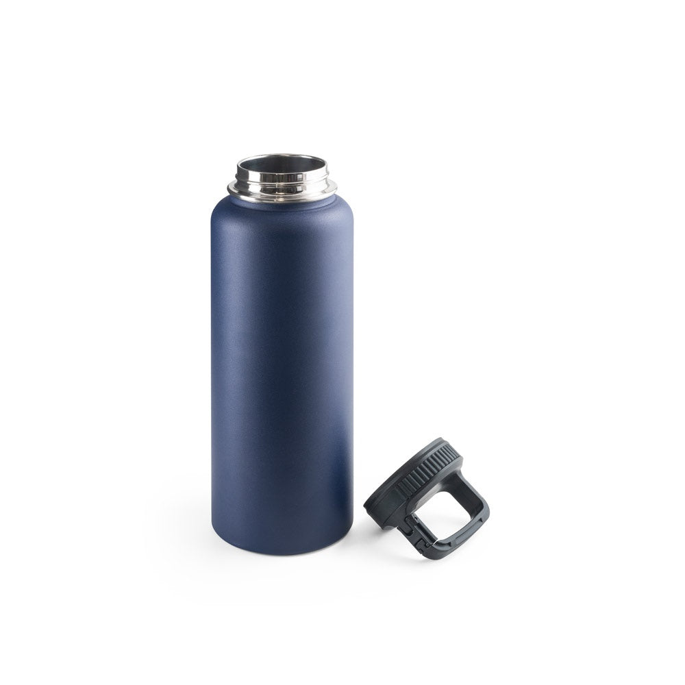 SINNER promotional bottle in navy blue (detail view) with custom logo branding