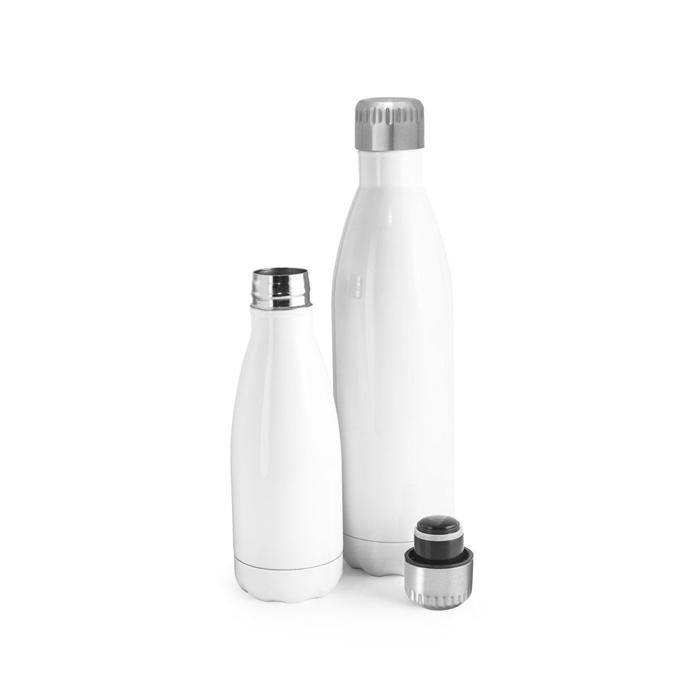 AMORTI L promotional bottle in white (detail view) with custom logo branding
