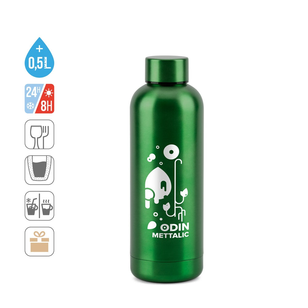 ODIN METTALIC promotional bottle (complete set view) with custom logo branding