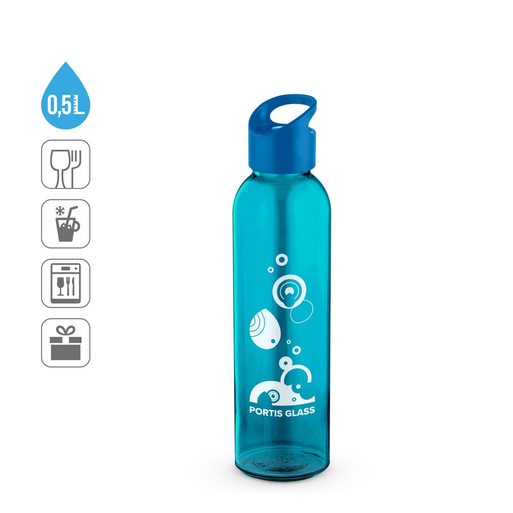 PORTIS GLASS promotional bottle (complete set view) with custom logo branding