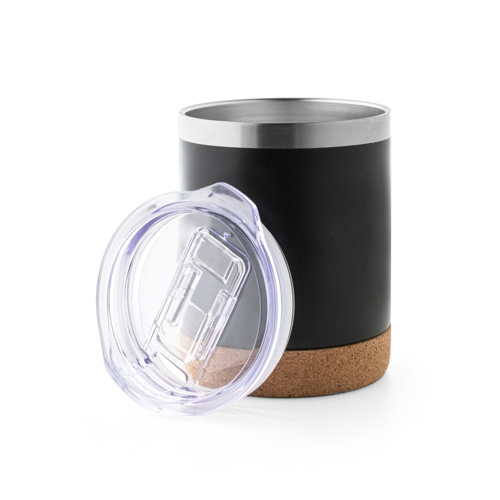 SOLBERG TUMBLER promotional travel cup in black (detail view) with custom logo branding