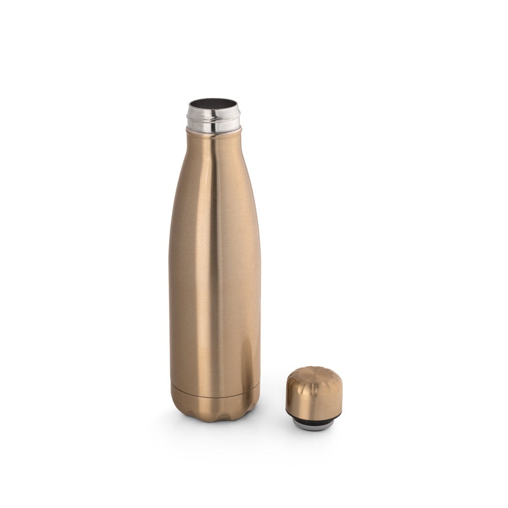 SHOW METALLIC promotional bottle in satin gold (detail view) with custom logo branding