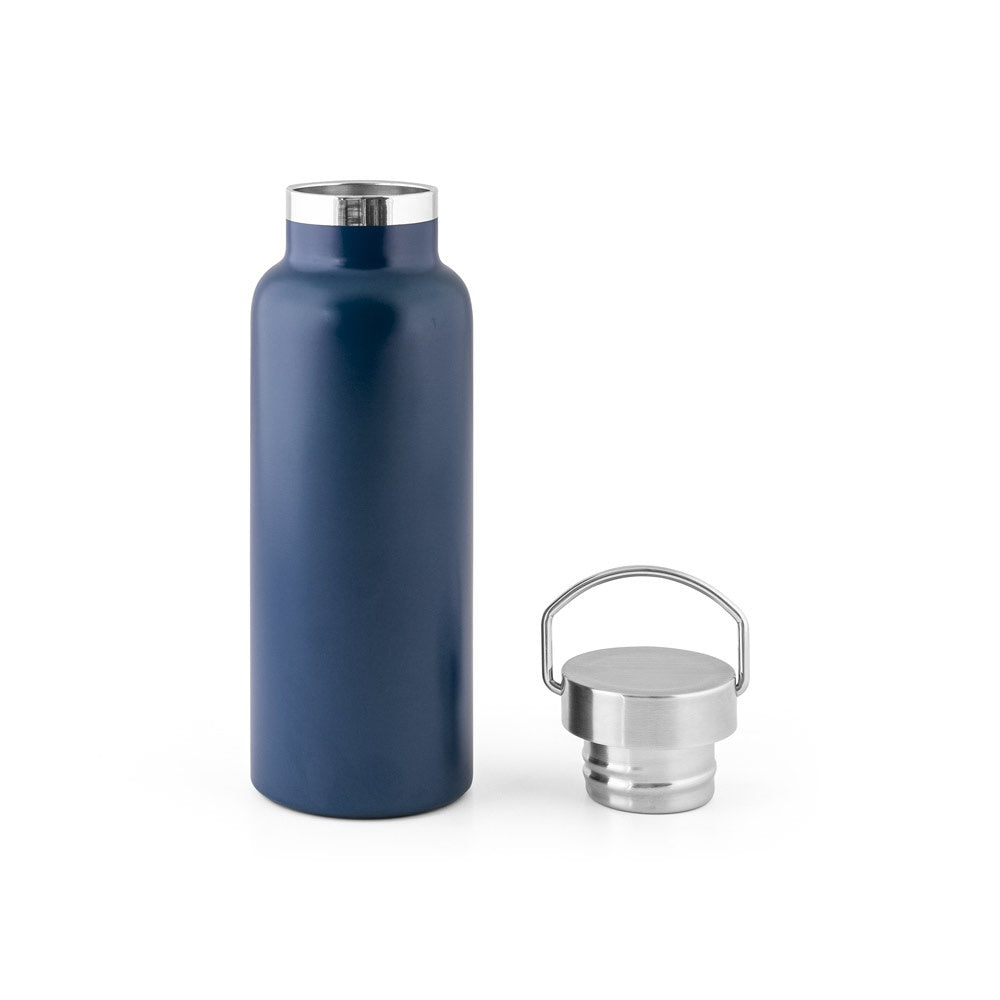 DUPLANTIS promotional bottle in navy blue (detail view) with custom logo branding