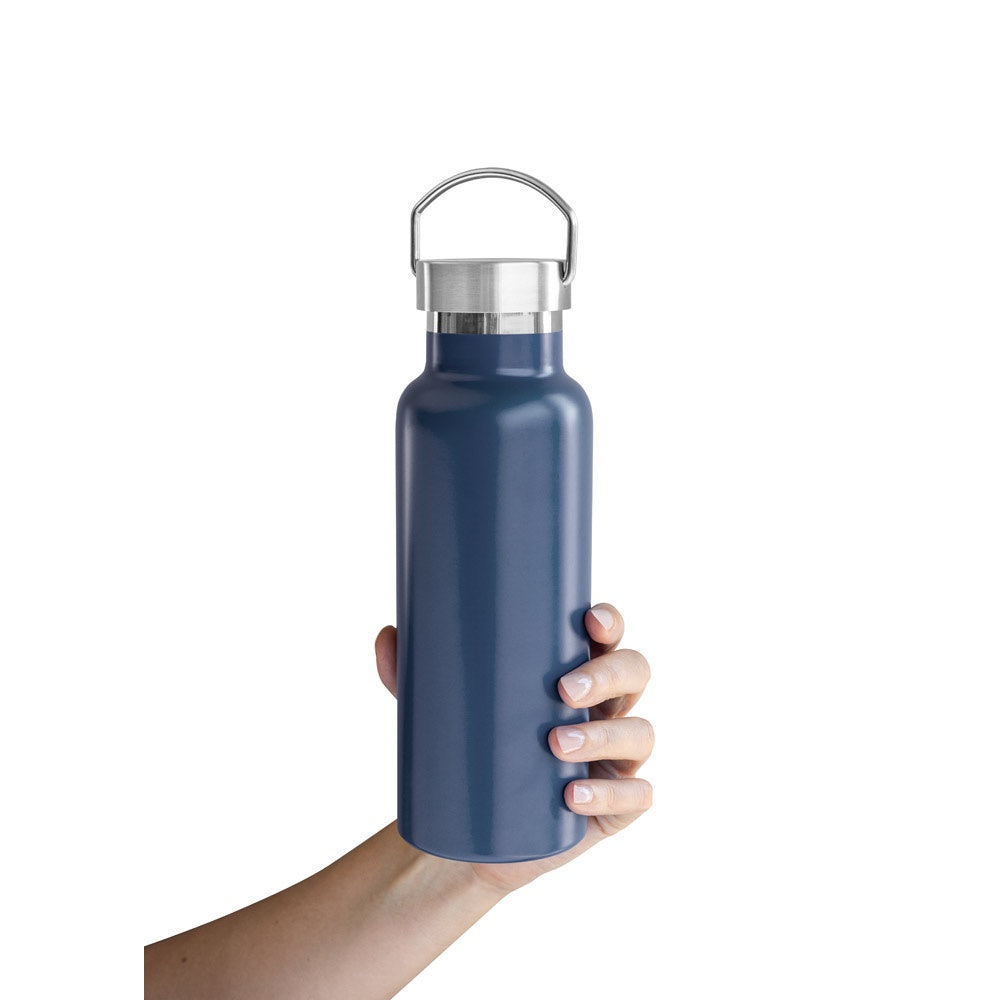DUPLANTIS promotional bottle in navy blue (detail view) with custom logo branding