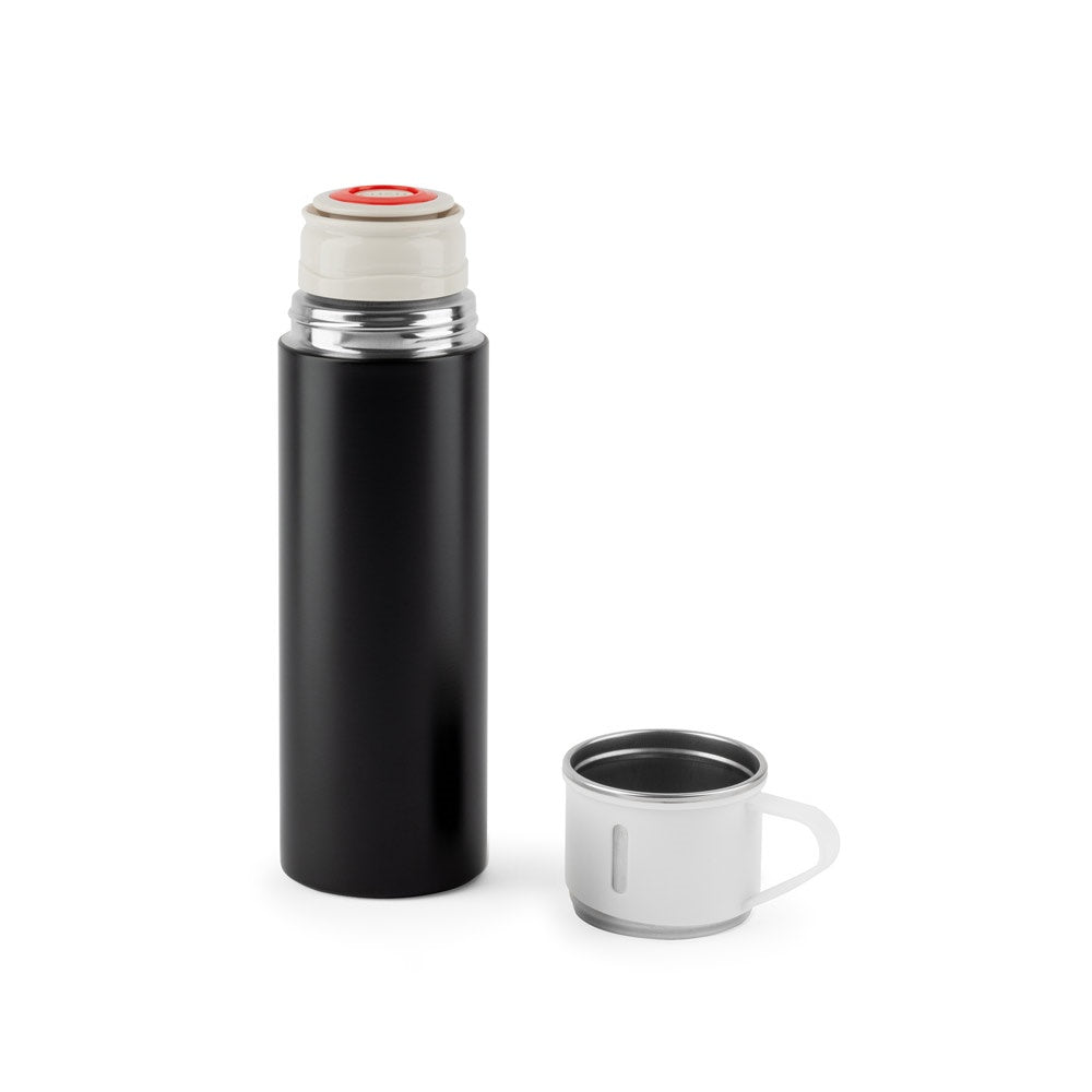 COMANECI promotional thermal bottle in black (detail view) with custom logo branding