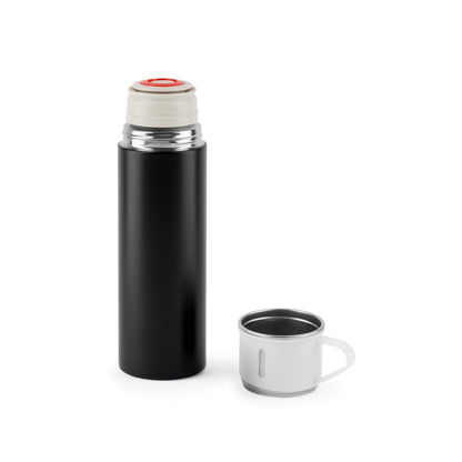 COMANECI promotional thermal bottle in black (detail view) with custom logo branding