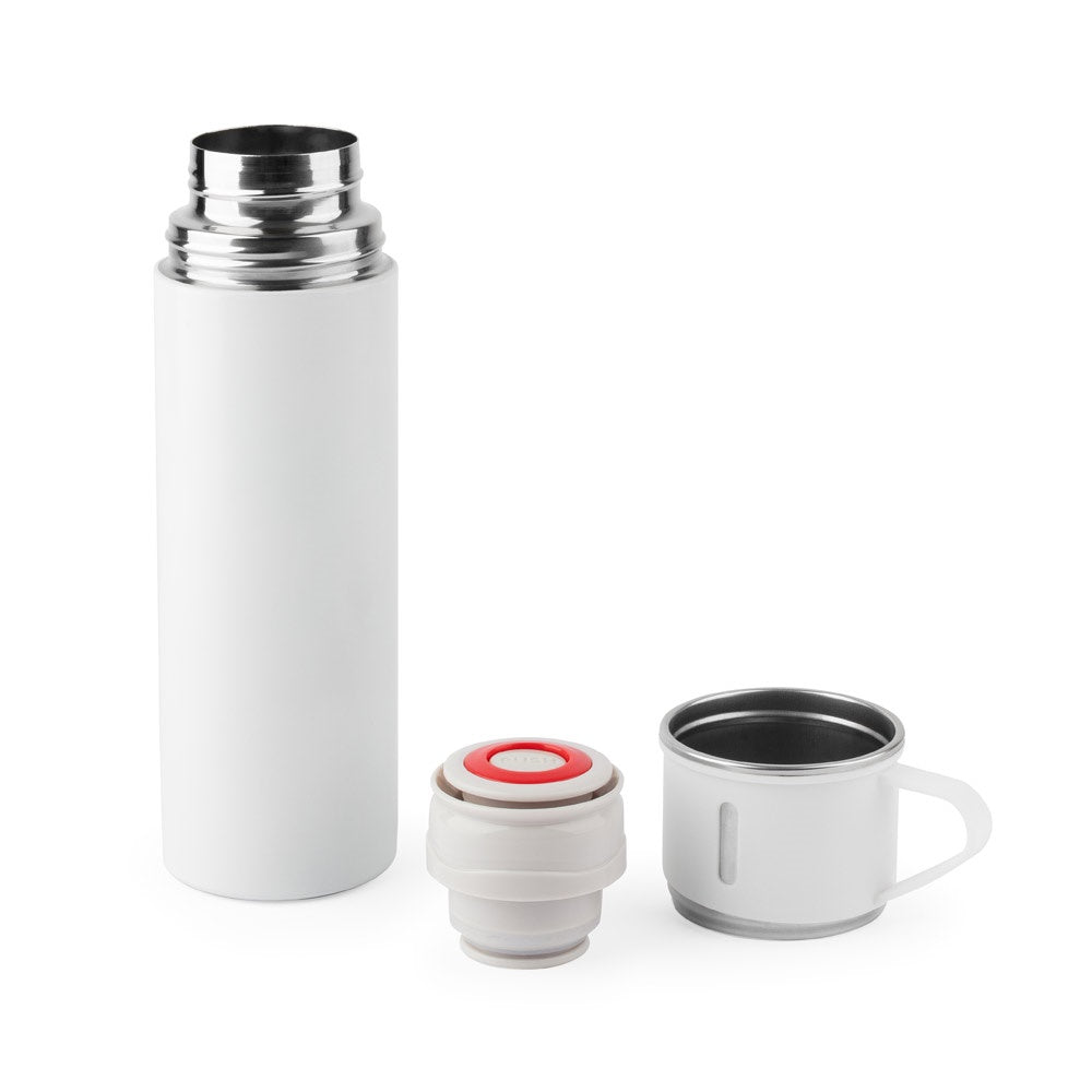 COMANECI promotional thermal bottle in white (detail view) with custom logo branding