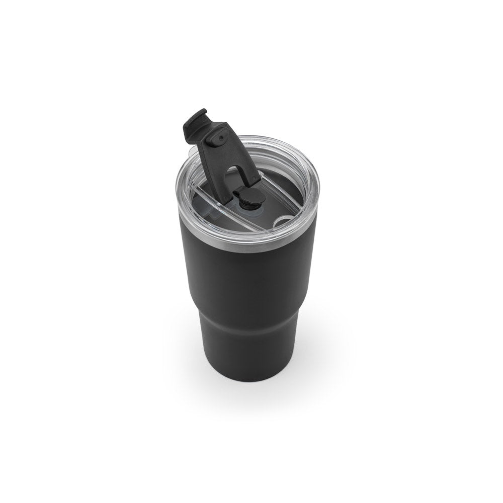 JOYNER M promotional travel cup in black (detail view) with custom logo branding