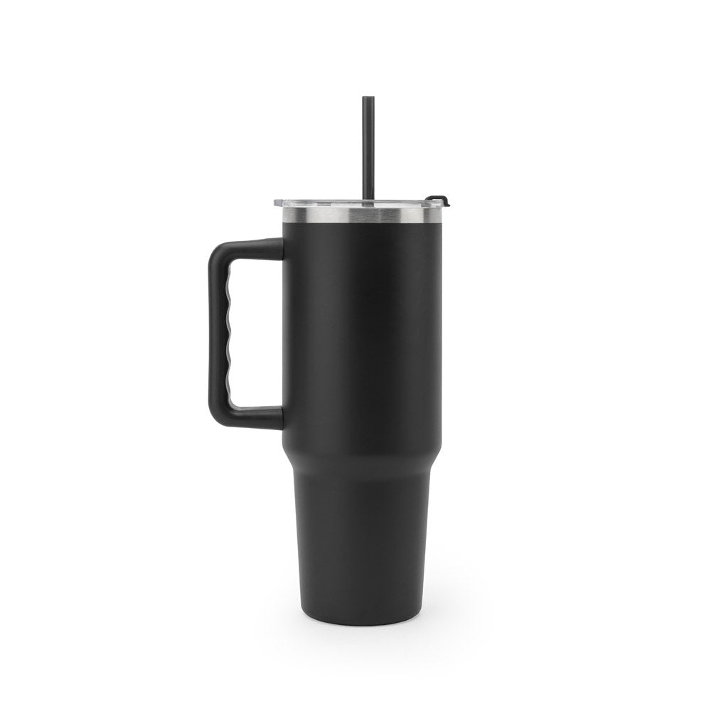 JOYNER XL promotional travel cup in black (detail view) with custom logo branding