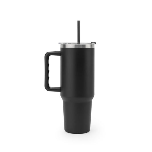 JOYNER XL promotional travel cup in black (detail view) with custom logo branding
