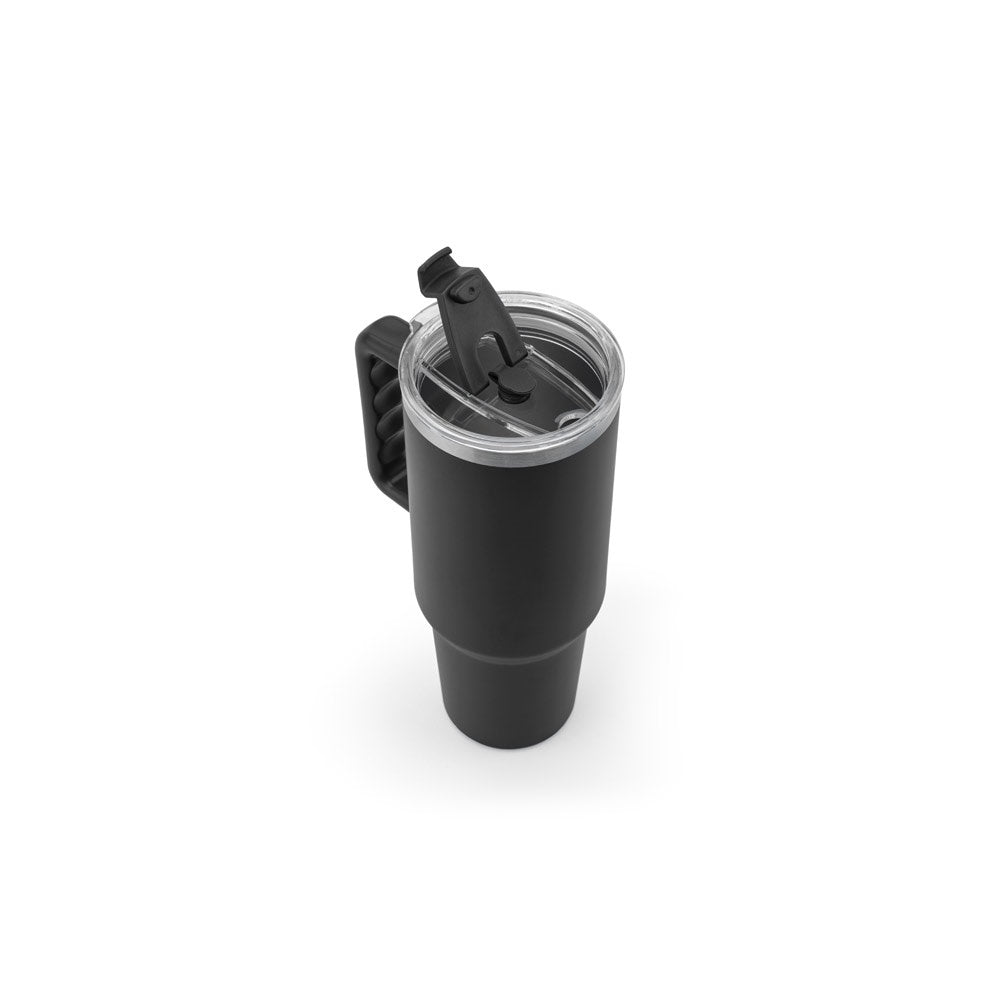 JOYNER XL promotional travel cup in black (detail view) with custom logo branding