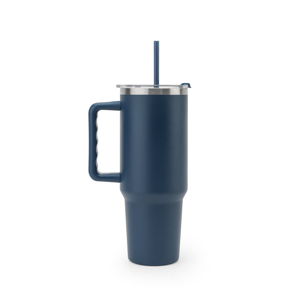 JOYNER XL promotional travel cup in navy blue (detail view) with custom logo branding