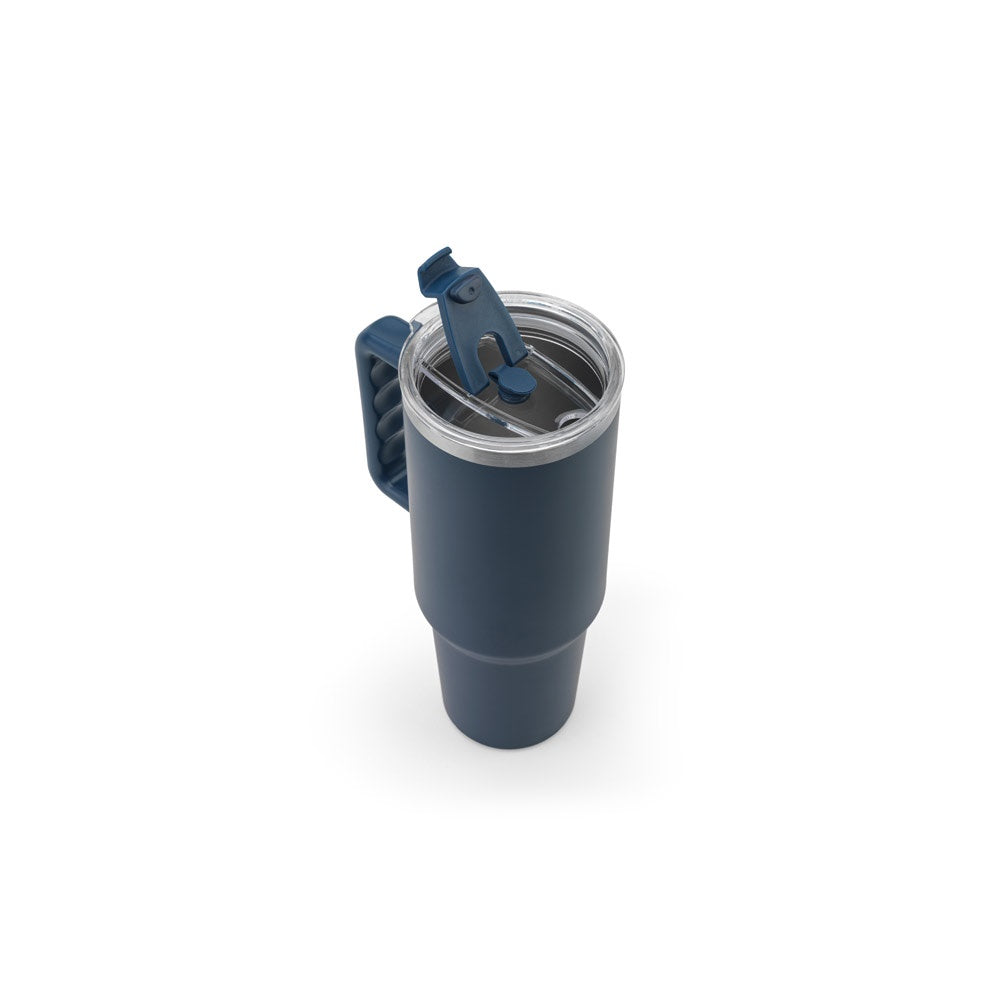 JOYNER XL promotional travel cup in navy blue (detail view) with custom logo branding