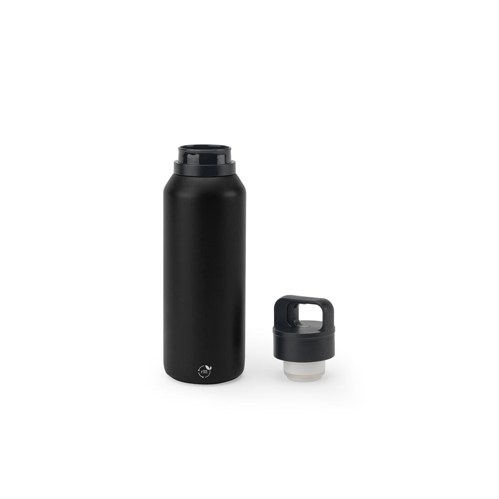 NICKLAUS promotional thermal bottle in black (detail view) with custom logo branding