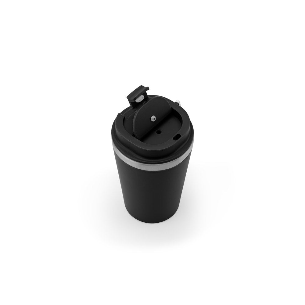 SPITZ promotional travel cup in black (detail view) with custom logo branding