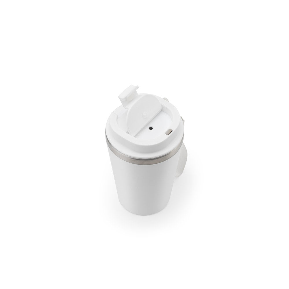 SPITZ promotional travel cup in white (detail view) with custom logo branding