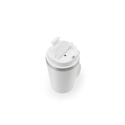 SPITZ promotional travel cup in white (detail view) with custom logo branding