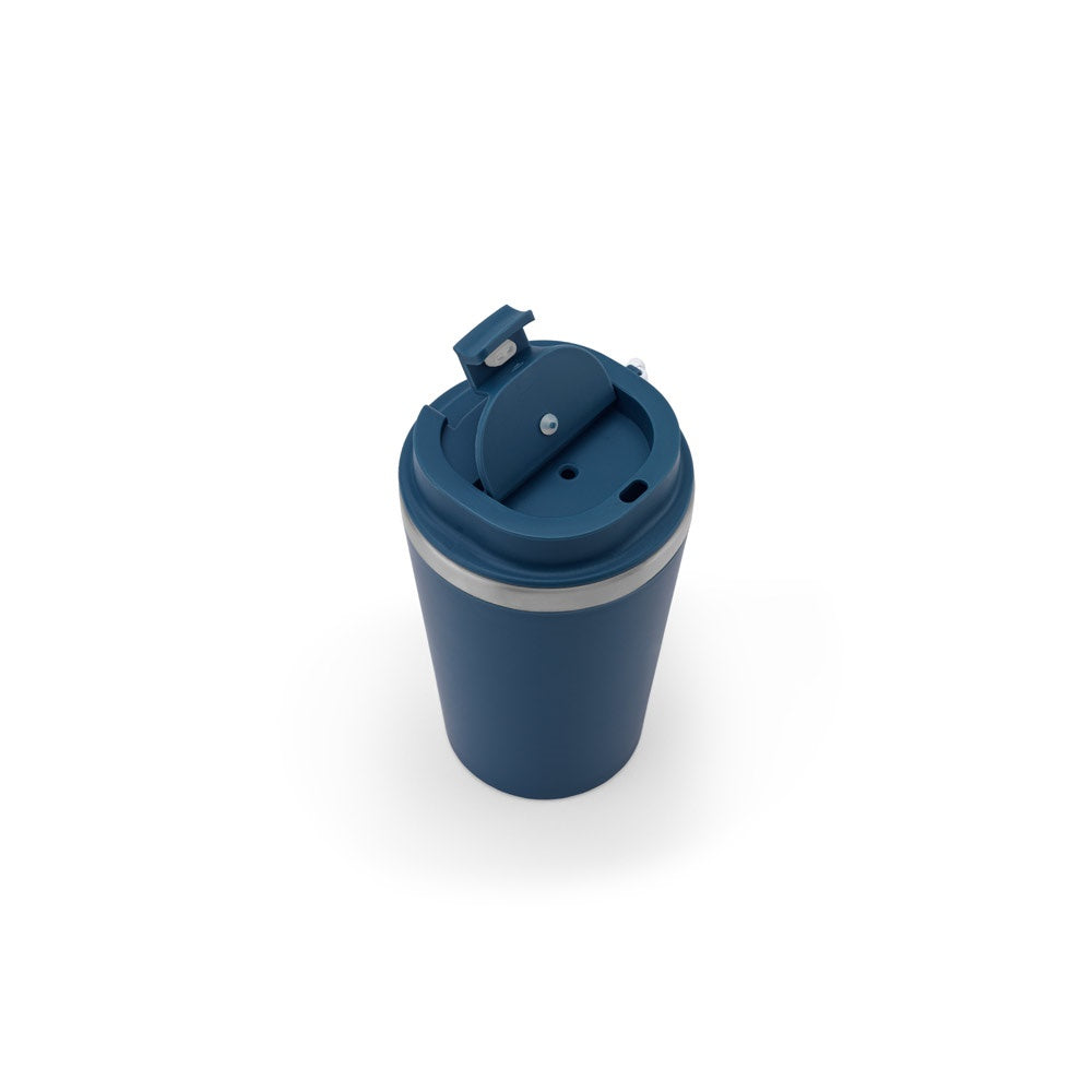 SPITZ promotional travel cup in navy blue (detail view) with custom logo branding