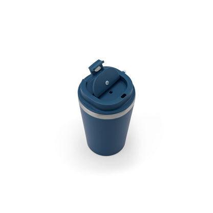 SPITZ promotional travel cup in navy blue (detail view) with custom logo branding