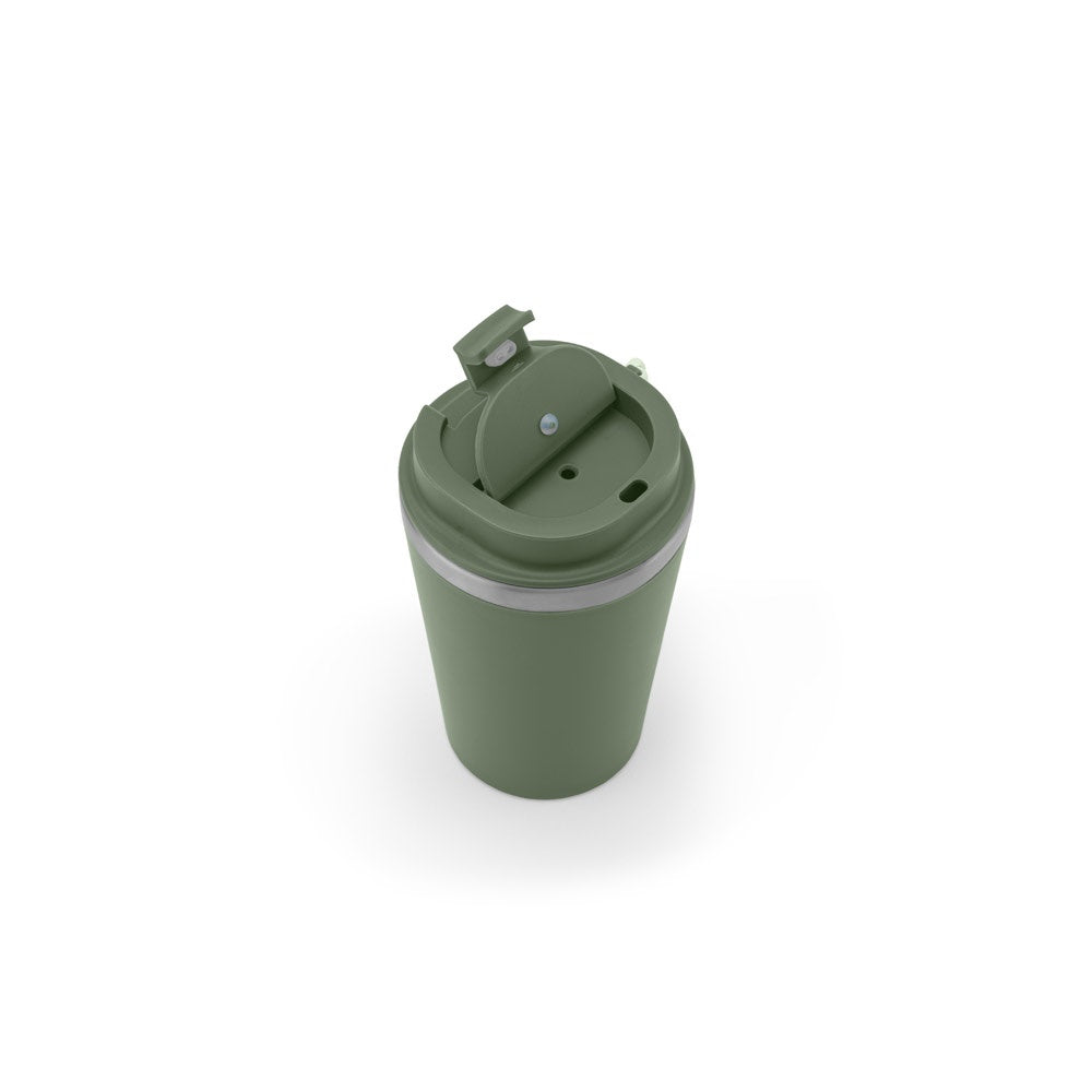 SPITZ promotional travel cup in army green (detail view) with custom logo branding