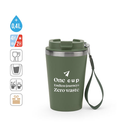 SPITZ promotional travel cup (complete set view) with custom logo branding