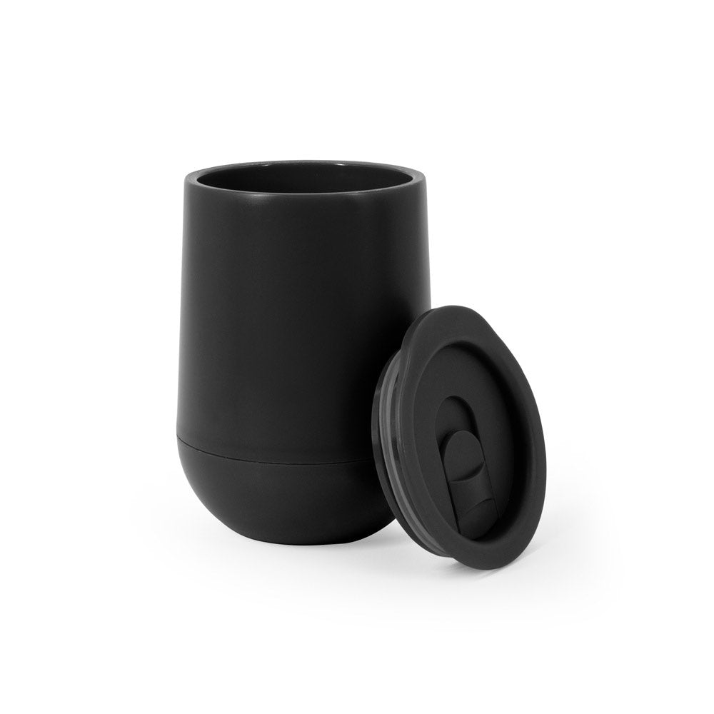 ADLINGTON promotional travel cup in black (detail view) with custom logo branding