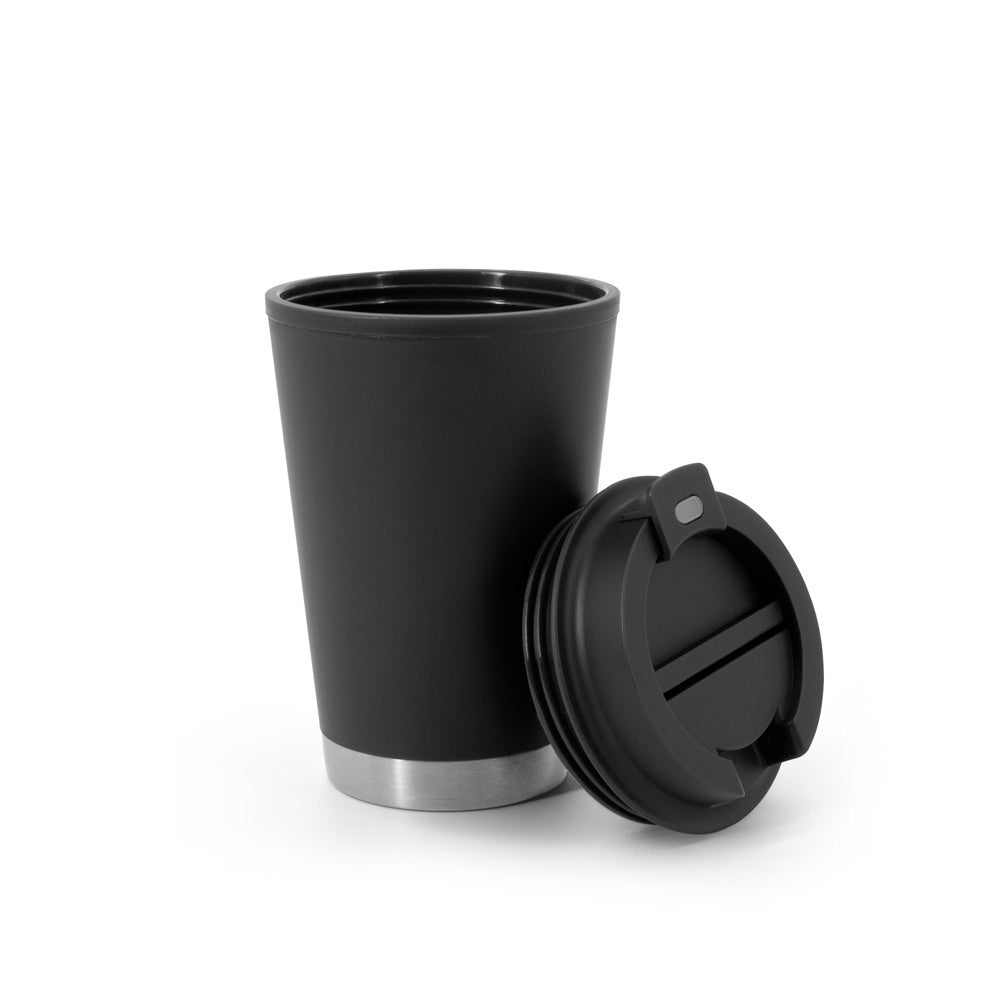 FIGLIOLI promotional travel cup in black (detail view) with custom logo branding