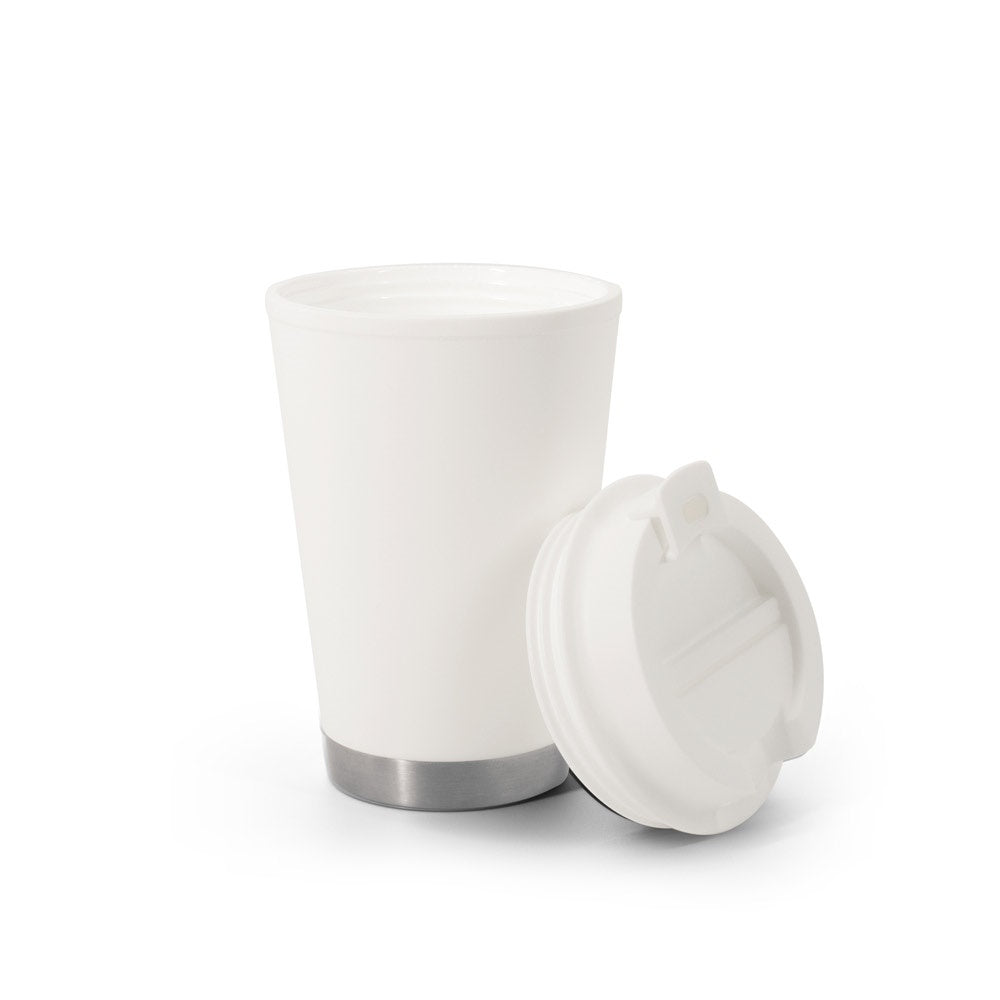 FIGLIOLI promotional travel cup in white (detail view) with custom logo branding