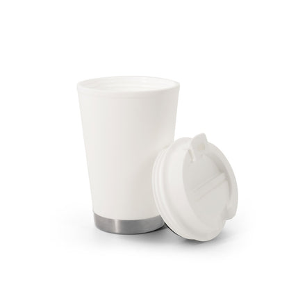 FIGLIOLI promotional travel cup in white (detail view) with custom logo branding