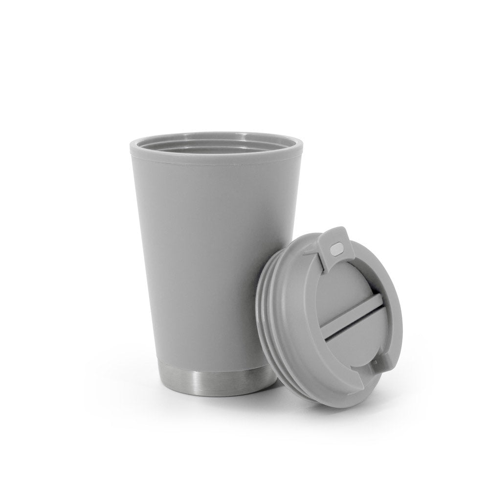 FIGLIOLI promotional travel cup in grey (detail view) with custom logo branding