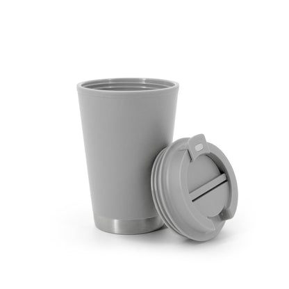 FIGLIOLI promotional travel cup in grey (detail view) with custom logo branding