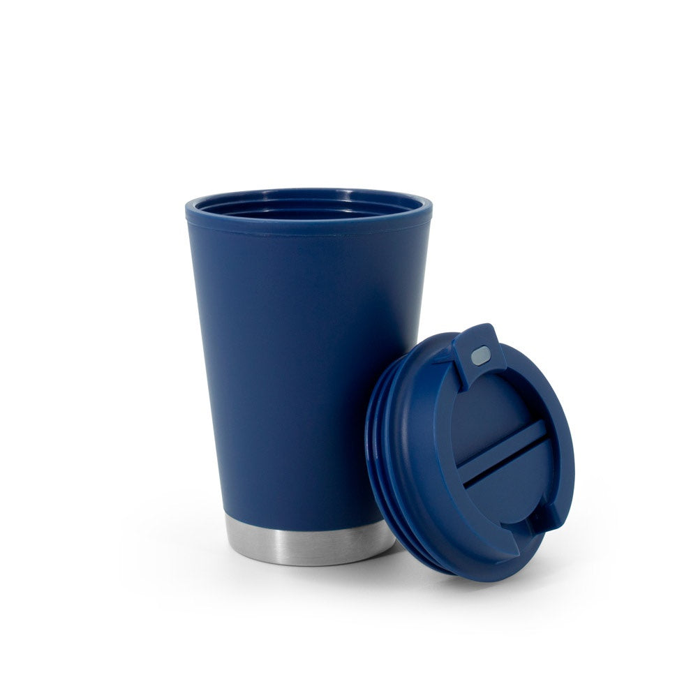 FIGLIOLI promotional travel cup in navy blue (detail view) with custom logo branding