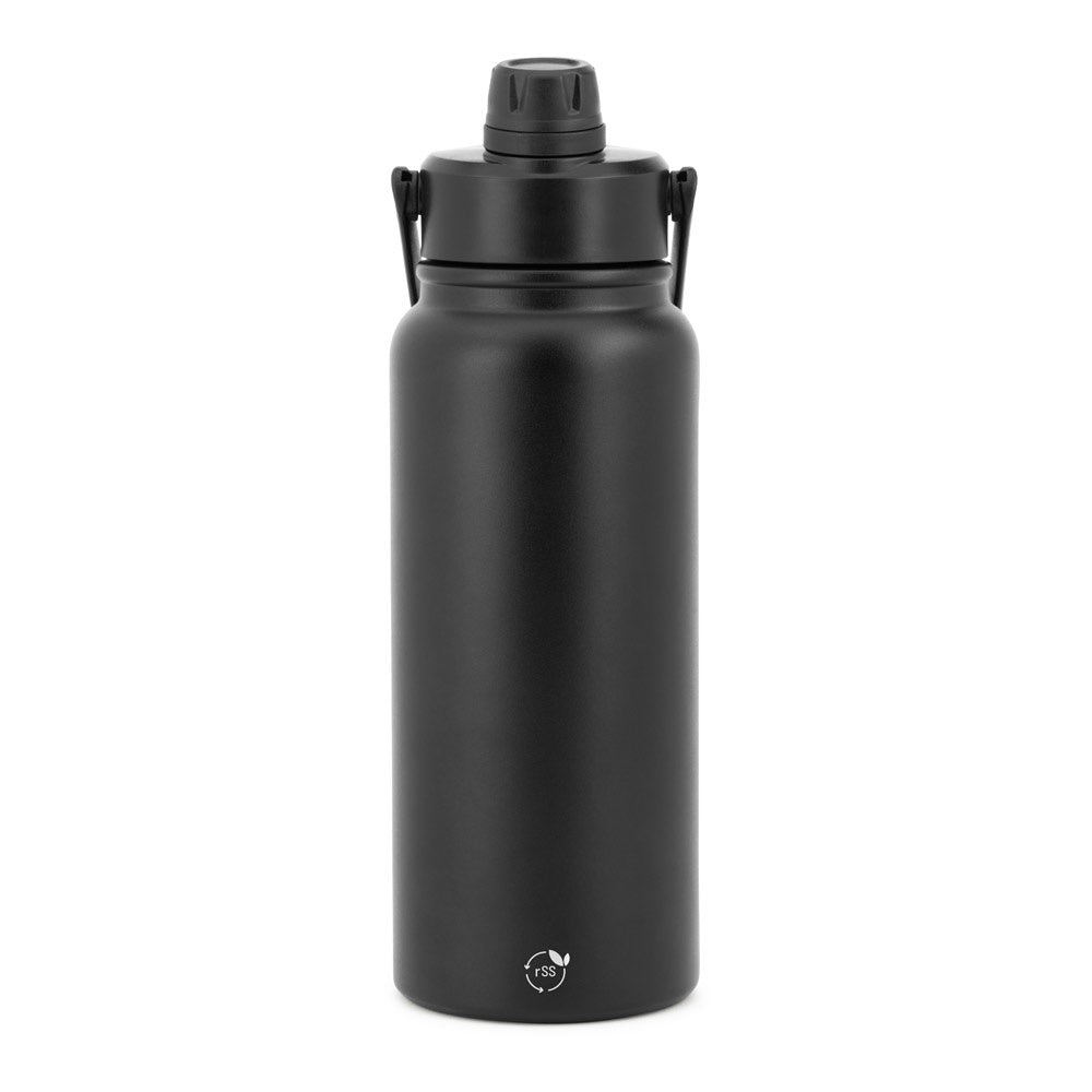 ALCARAZ promotional bottle in black (detail view) with custom logo branding