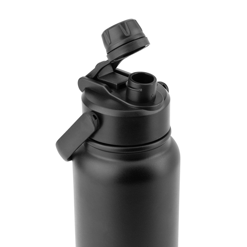 ALCARAZ promotional bottle in black (detail view) with custom logo branding
