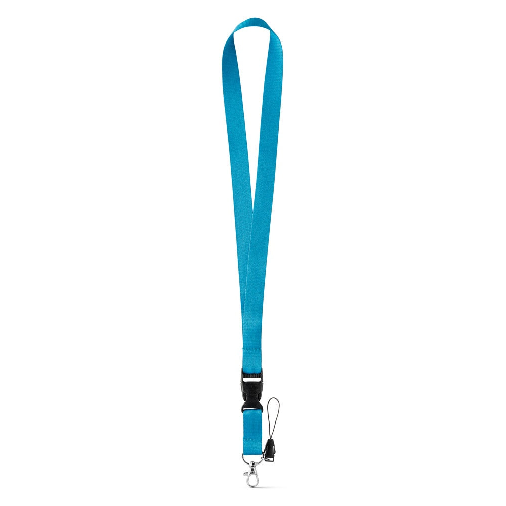 ANQUETIL promotional lanyard in light blue (detail view) with custom logo branding