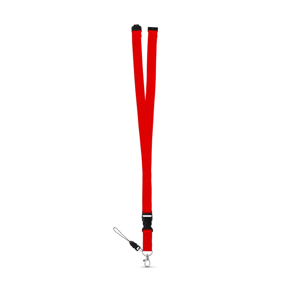 MURRAY promotional lanyard in red (detail view) with custom logo branding