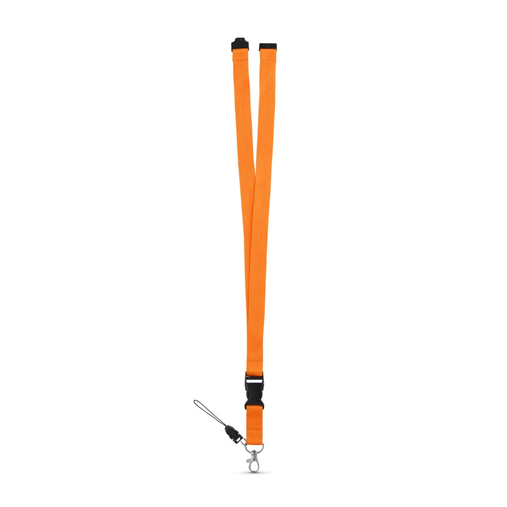 MURRAY promotional lanyard in orange (detail view) with custom logo branding