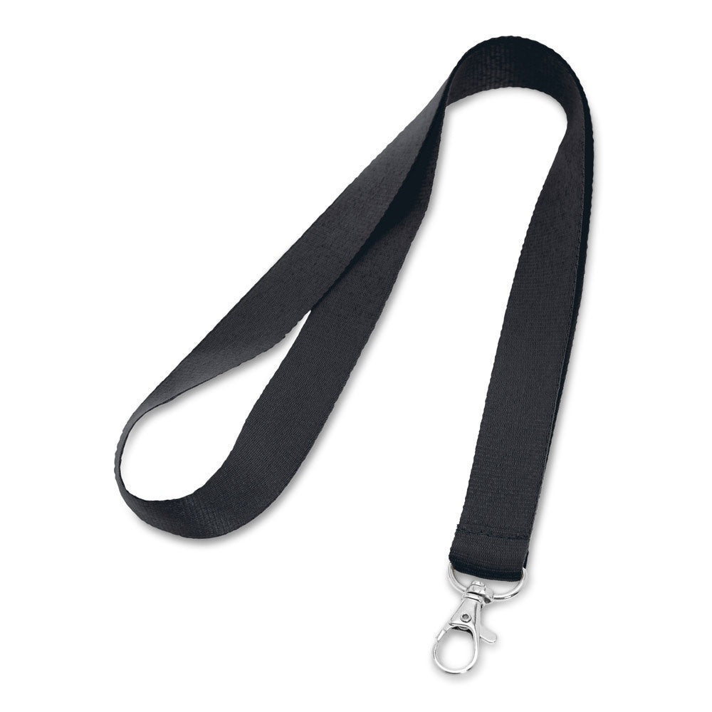 LARIAT promotional lanyard in black with custom logo branding