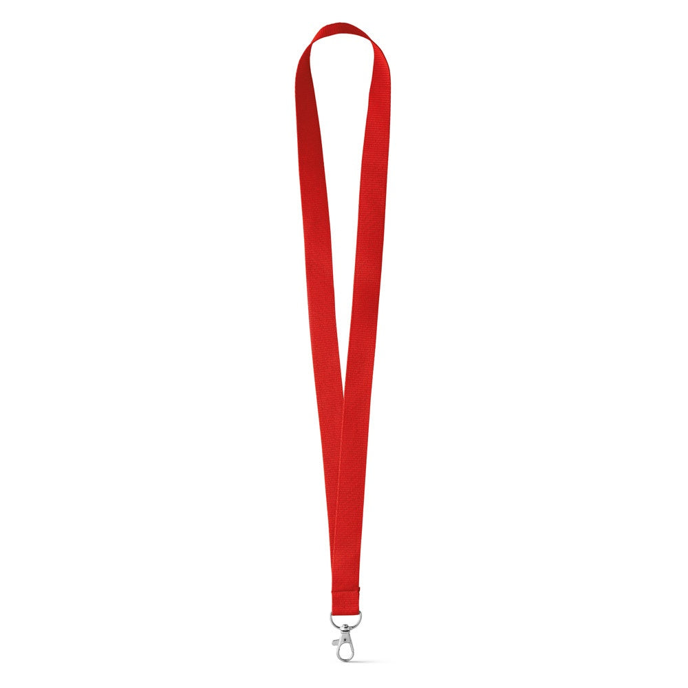 LARIAT promotional lanyard in red (detail view) with custom logo branding