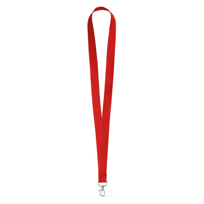 LARIAT promotional lanyard in red (detail view) with custom logo branding