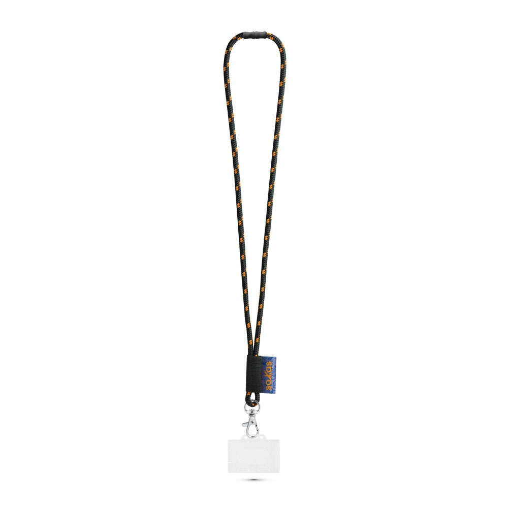 BRIDPORT promotional lanyard in black/orange with custom logo branding