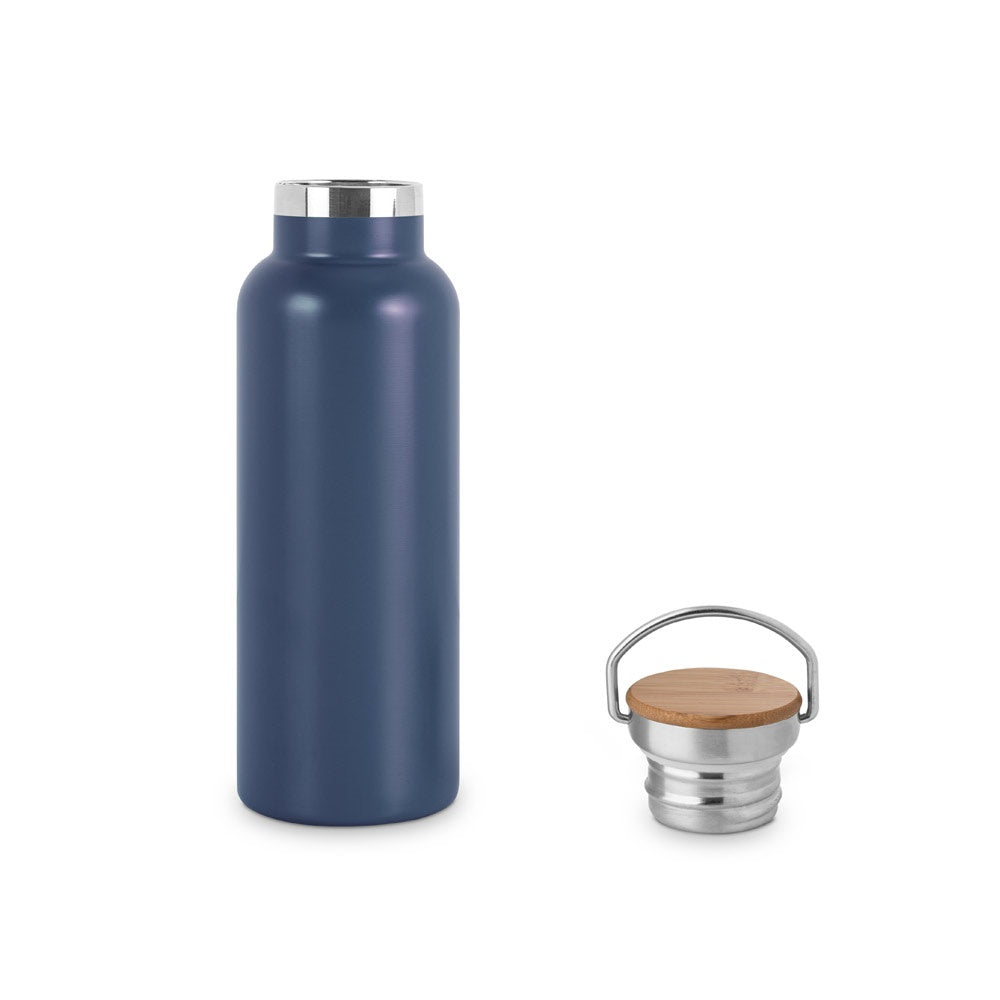RAGNAR promotional thermal bottle in navy blue (detail view) with custom logo branding