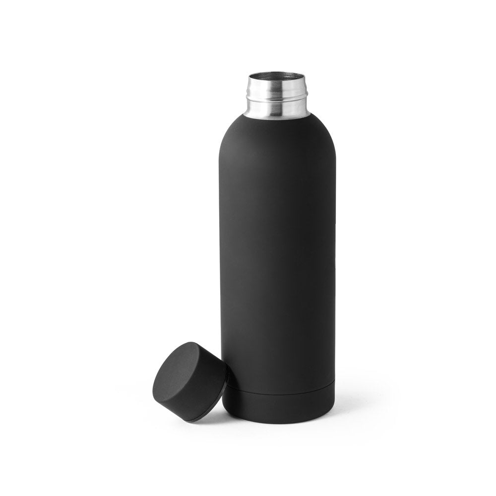 ODIN promotional thermal bottle in black (detail view) with custom logo branding