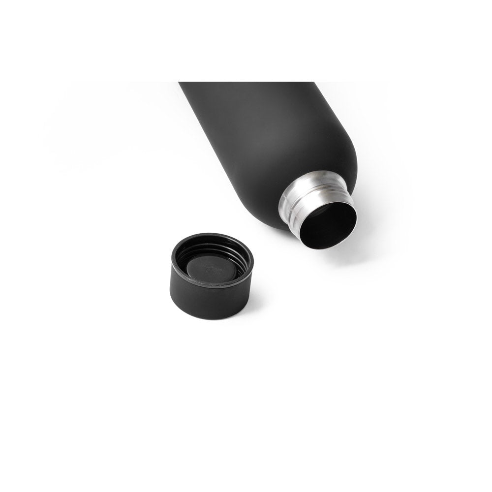 ODIN promotional thermal bottle in black (detail view) with custom logo branding