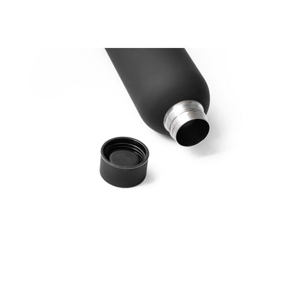 ODIN promotional thermal bottle in black (detail view) with custom logo branding